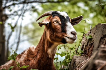 Portrait of a goat with horns on a background of green foliageの写真素材
