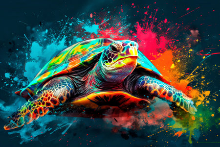 Turtle in colorful splashes on a dark blue background.の素材