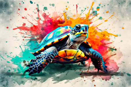 Colorful watercolor illustration of a turtle on a white background.の素材