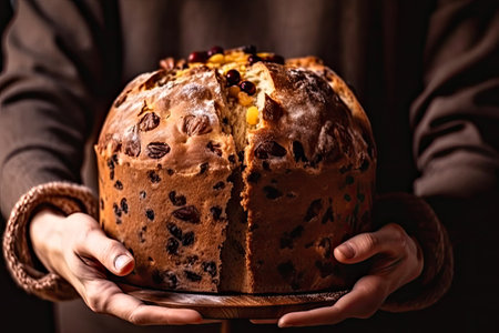 Close-up of a woman holding a freshly baked panettone. Easter pie.の素材