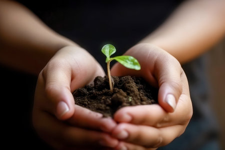 Hands of child holding green plant with soil on black background, Ecology conceptの素材