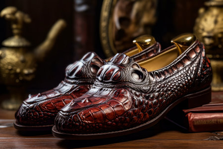 Close-up of man's luxury crocodile leather shoes on wooden table.の素材