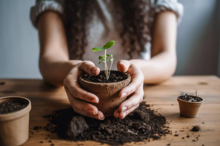Young girl holding a small seedling in a pot on a wooden tableの素材