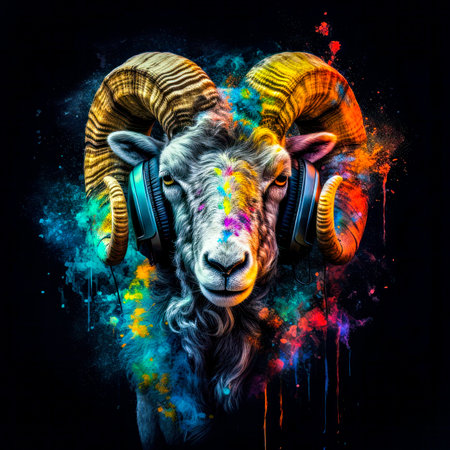 Head of a ram with headphones and colorful splashes on a black background.の素材