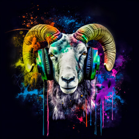 Sheep with headphones and colorful splashes on a black background.の素材