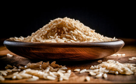 Raw brown rice in a wooden bowl on a wooden table. Selective focus.の素材