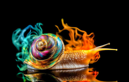 Snail on a black background with fire flames.の素材