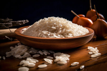 Uncooked rice in a wooden bowl on a wooden background. Selective focus.の素材