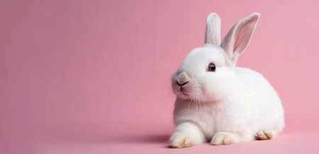 Cute white rabbit on pink background. Easter concept. Copy space.の素材