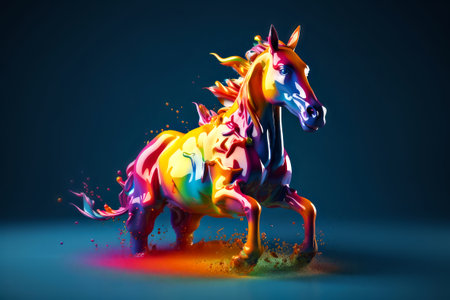 Unicorn horse with colorful splashes on dark background.の素材