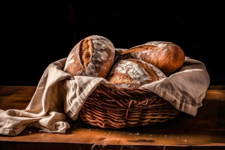 Freshly baked bread in a basket on a wooden table. Dark background.の素材