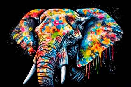 Elephant head painted with multicolored flowers on black background.の素材