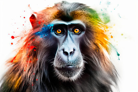 Portrait of a big monkey with colorful splashes on white backgroundの素材