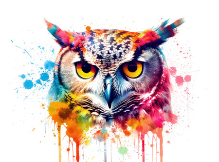 Colorful abstract portrait of an owl with paint splashes on white backgroundの素材