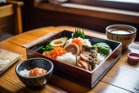 Japanese food in a wooden box on a wooden table in a restaurantの素材