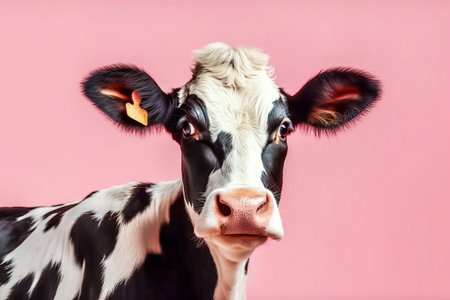 Portrait of a black and white spotted cow on a pink backgroundの素材