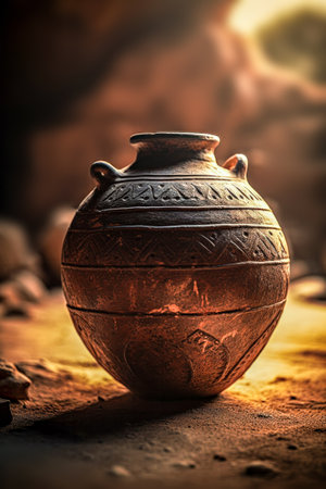 Ancient earthen jar in the desert. Vintage style tonedの素材