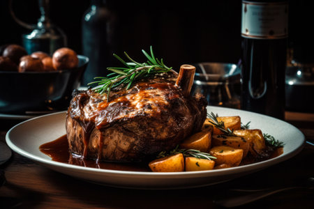 roast lamb with baked potatoes and rosemary on a wooden tableの素材