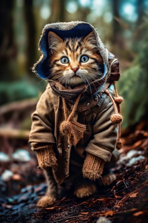 Funny british kitten wearing a hat and jacket in the forestの素材