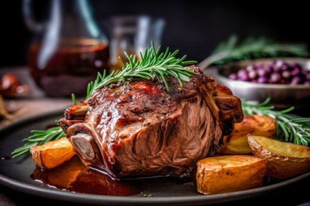 Roasted lamb meat with potatoes and rosemary on a plate.の素材