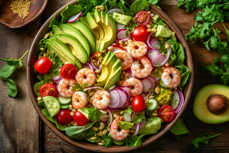 Salad with shrimps, avocado and tomatoes on wooden backgroundの素材