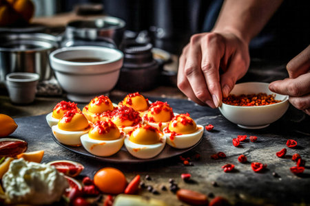 Preparation of deviled eggs with chili sauce. Selective focus.の素材