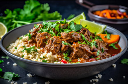 Beef tajine with couscous and vegetables on black backgroundの素材