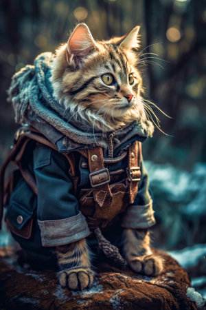Cute Maine Coon cat in a hat and scarf outdoors in winter.の素材
