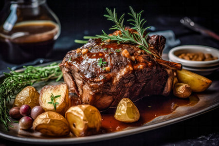 Roast beef with baked potato and rosemary on a plate.の素材