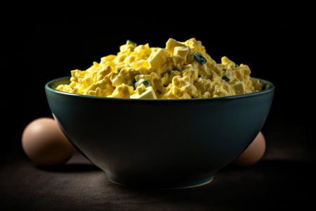 Scrambled eggs in a blue bowl on a black background.の素材