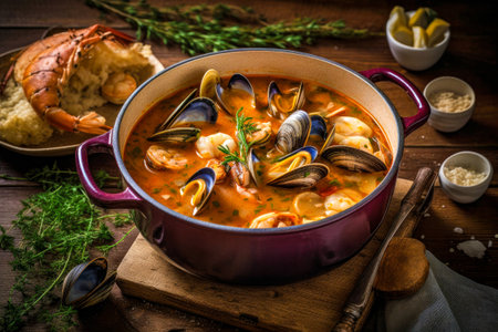 Seafood soup with prawns, mussels and squid