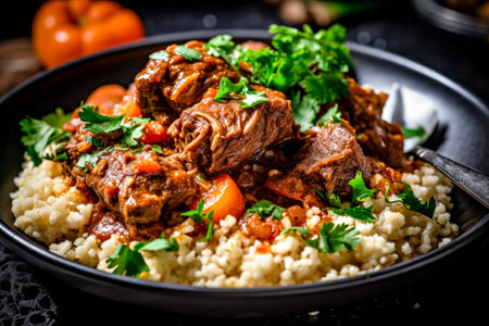 Couscous with beef and vegetables in a plate on the tableの素材