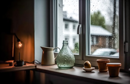 glass vase on the windowsill in the evening.の写真素材