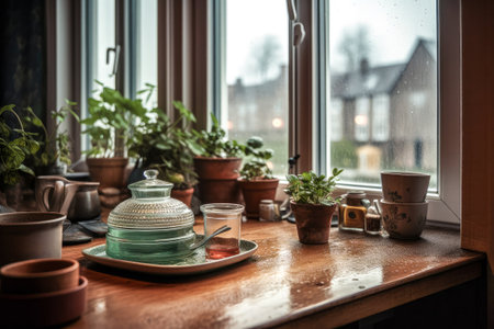 Tea set on the wooden table near the window in the morning.の写真素材