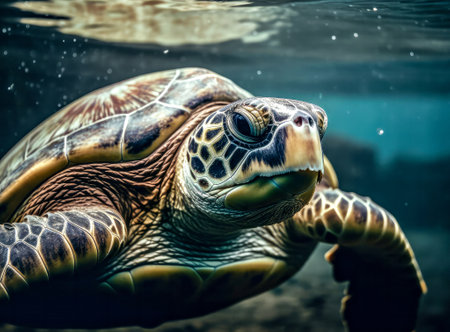 Green Sea Turtle (Chelonia mydas) swimming in aquariumの写真素材