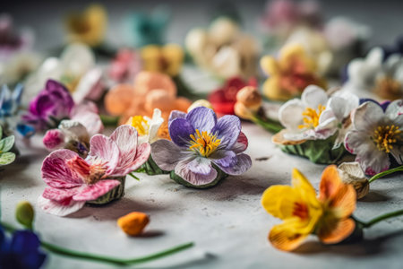 Colorful spring flowers on a white wooden background. Selective focus.の写真素材