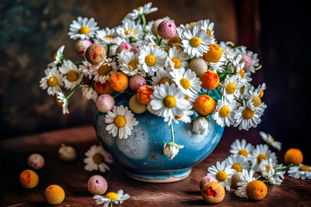 Bouquet of chamomile flowers in a blue vaseの写真素材