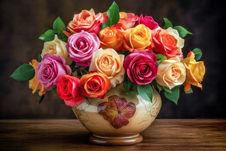 bouquet of colorful roses in vase on wooden table.の写真素材