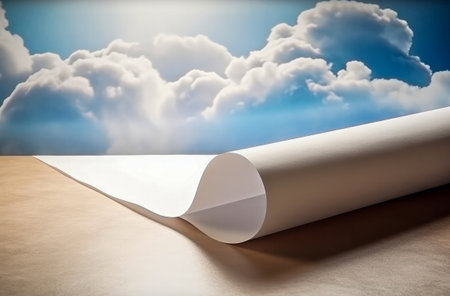 Rolled paper on sky background. Copy space.の写真素材