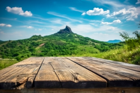 Empty table for your photomontage or product display with beautiful nature background.の素材
