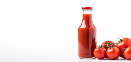 Tomato juice in a bottle and fresh tomatoes on a white backgroundの素材
