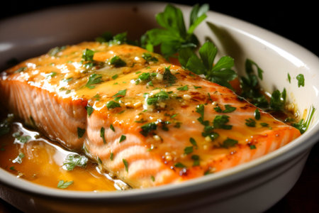 Salmon Steak with Lemon Sauce and Parsley in a Bowlの素材