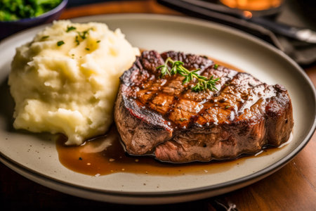 Grilled steak with mashed potatoes on a plate.の素材