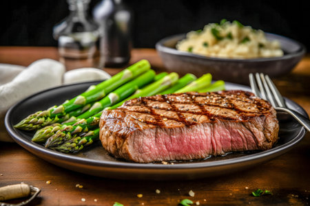 Grilled beef steak with asparagus and pasta on wooden backgroundの素材