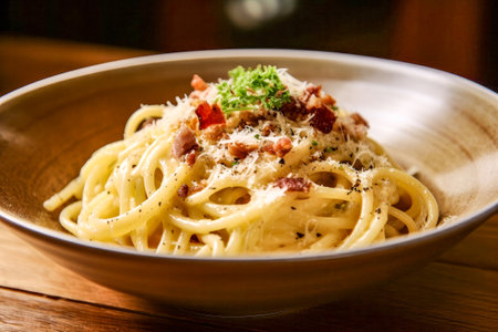 Spaghetti Carbonara with bacon and parmesan cheese on wooden tableの素材