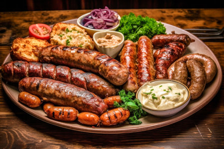 Grilled sausages with different sauces and herbs on wooden tableの素材