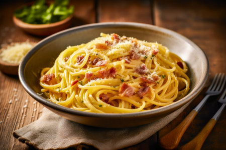 Spaghetti Carbonara with bacon and parmesan cheese on wooden backgroundの素材