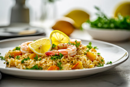 spicy risotto with prawns, lemon and parsleyの素材