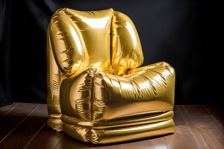 golden inflatable balloon on the floor in black background with copy spaceの素材