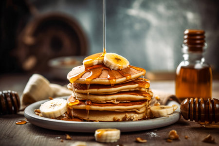 Pancakes with banana, honey and caramel on a wooden backgroundの素材